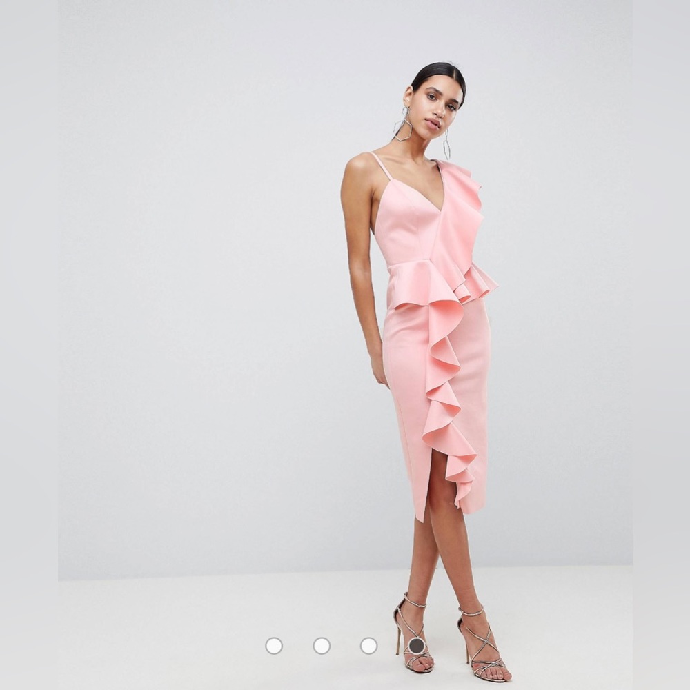 Asos asymmetrical ruffle pink midi party dress